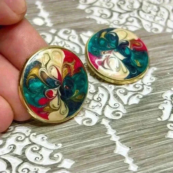 Vintage Gold Tone Colorful Enamel Earrings - Picture 2 of 3